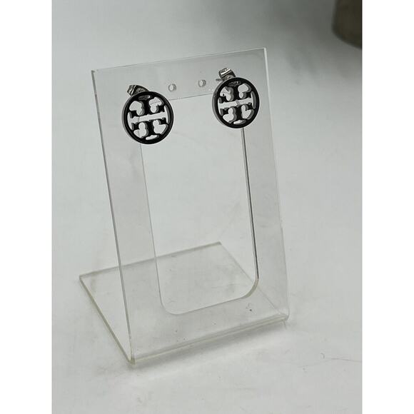 TORY BURCH Designer Silver Miller Round Circle Cut Out "T" Logo Stud Earrings - Picture 7 of 12